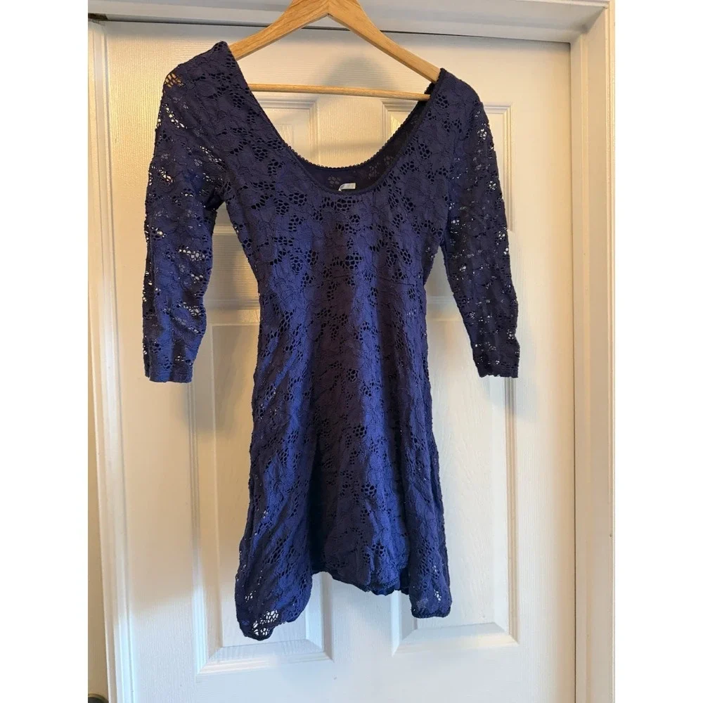 Free People Lace Mini Dress Womens XS Purple 3/4 Sleeve Scoop Neck Boho Floral